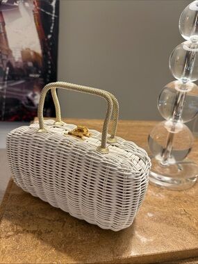 Vintage White Wicker Mini Top-Handle Bag with Gold Hardware